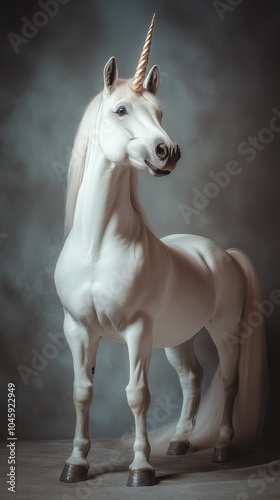 A majestic white unicorn stands against a smoky backdrop.