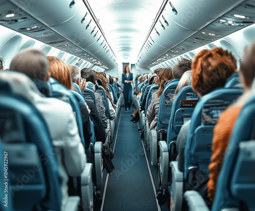 Passengers are seated in rows inside a commercial airplane, showing a busy cabin atmosphere. A flight attendant is visible, walking down the aisle, attending to the passengers.