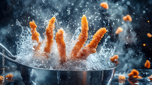 A Tantalizing Culinary Scene of Deep-Frying Frozen Fish Sticks to Golden Perfection with Aromatic Spices photo