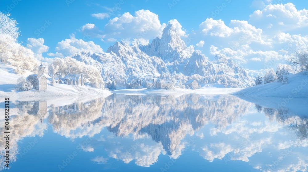 Fototapeta premium Majestic Winter Wonderland: Snowy Mountain Range, Tranquil Lake & Medieval Village | Ultra-Detailed Fantasy Landscape Photo