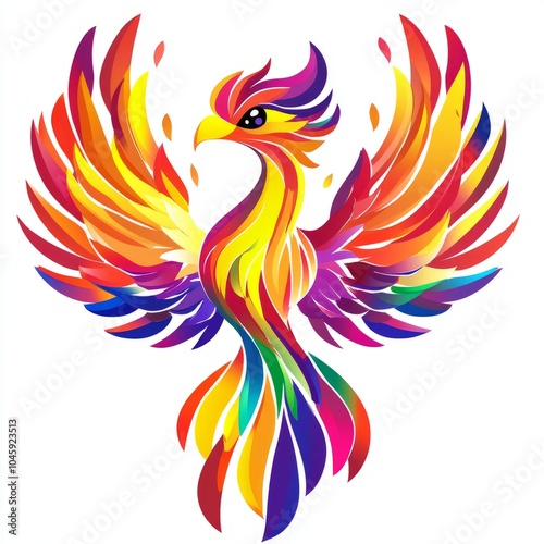 A colorful phoenix illustration on a white background.