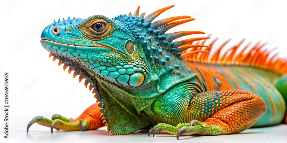 Fototapeta premium Colorful Iguana Close-Up Blue, Green, and Orange Scales, Reptile, Lizard, Iguana