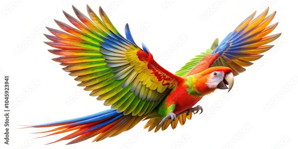 Obraz premium Colorful Parrot in Flight, Wings Spread, Isolated, Bird ,Tropical
