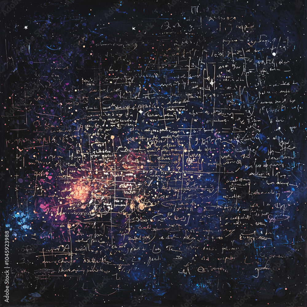 Fototapeta premium Celestial-style writing and scribbles on a textured wall, blending intricate cosmic patterns with a sense of mystery and otherworldly design, evoking ancient inscriptions and cosmic chaos.