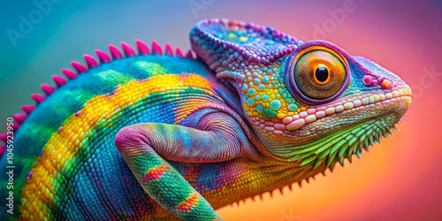 Fototapeta Naklejka Na Ścianę i Meble -  Close-up Portrait of a Vibrant Chameleon with Rainbow Scales, reptile , colorfull