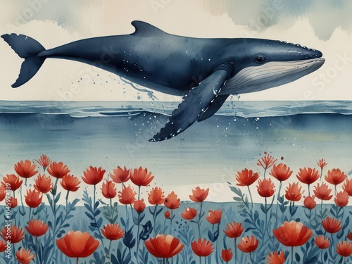 Watercolor illustration of a whale and flowers on the background of the sea.