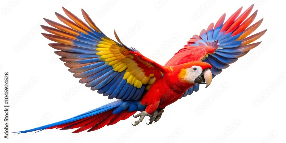 Obraz premium Scarlet Macaw in Flight Vibrant Colors and Graceful Wings, Parrot, Tropical Bird