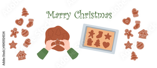 Holiday vector illustration of the process of making gingerbread cookies. Includes cookie cutters, dough, baking sheet and icing decorations in a simple holiday style. Perfect for Christmas projects.
