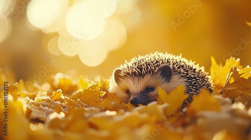  A hedgehog strolls through a mound of autumn leaves, bathed in sunlight filtering through the foliage photo