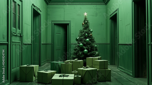 a one-color sceenery in green, parcels in the front, a small christmas tree in the back, christmas balls in the front photo