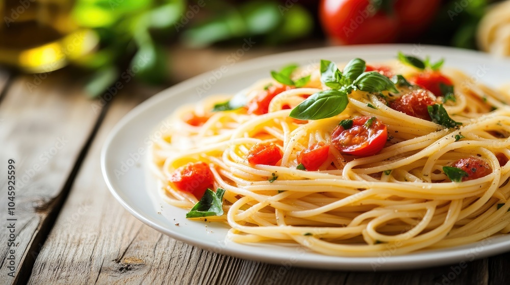 Spaghetti with tomatoes and basil resting on a white plate Spaghetti with tomatoes and basil resting on a white plate