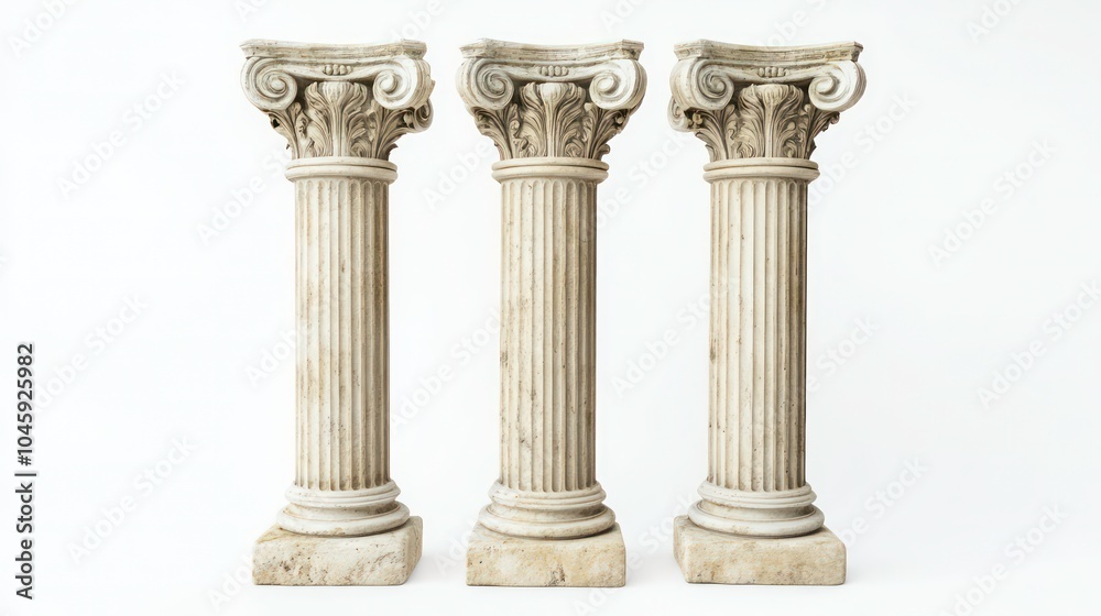 Three white marble columns with ornate capitals against a white background. Three white marble columns with ornate capitals against a white background.