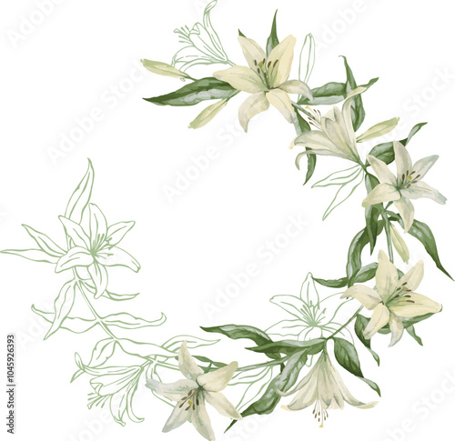Wreath of flowers and leaves of white lily. Vector lines and flowers hand drawn, template for wedding decor, greeting cards and prints.