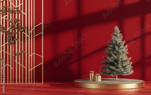 mockup podium scene with a geometric platform and a Christmas tree on a red background. concept for a product display presentation design for New Year's decorations. Christmas background with a podium