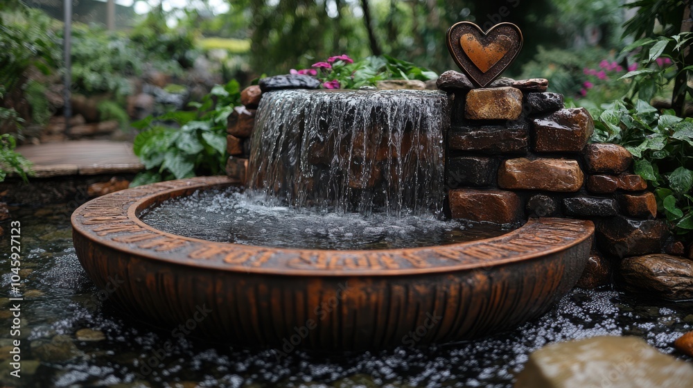 A serene garden fountain with a heart-shaped ornament, creating a peaceful and romantic ambiance. A serene garden fountain with a heart-shaped ornament, creating a peaceful and romantic ambiance.