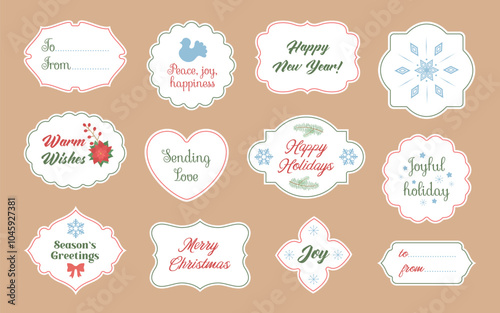Christmas tags sheet printable holiday label set. Cute winter tag designs with season greetings and wishes. Merry Christmas and Happy new year text. Vintage shapes for gift card, sticker, badge.