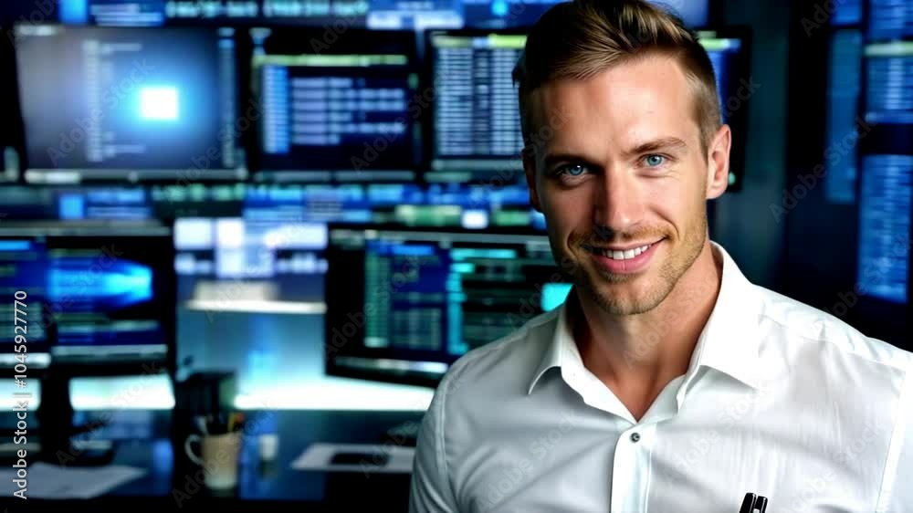 A German man software engineer. The engineer is in a room full of screens. There is software code on the screens. The engineer smiles. The engineer is clear, the computer is blurred A German man software engineer. The engineer is in a room full of screens. There is software code on the screens. The engineer smiles. The engineer is clear, the computer is blurred