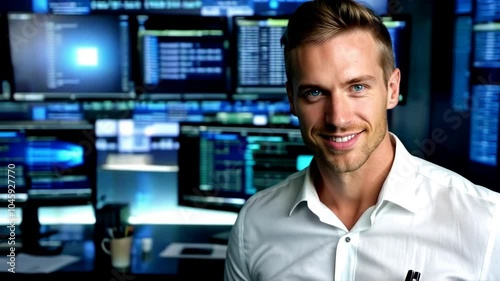 A German man software engineer. The engineer is in a room full of screens. There is software code on the screens. The engineer smiles. The engineer is clear, the computer is blurred