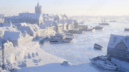 Frozen Medieval Harbor: A Majestic Winter Scene of Boats Trapped in Ice with Brave Fishermen Braving the Cold