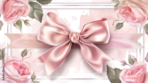 Elegant pink ribbon bow with roses for romantic celebration design photo