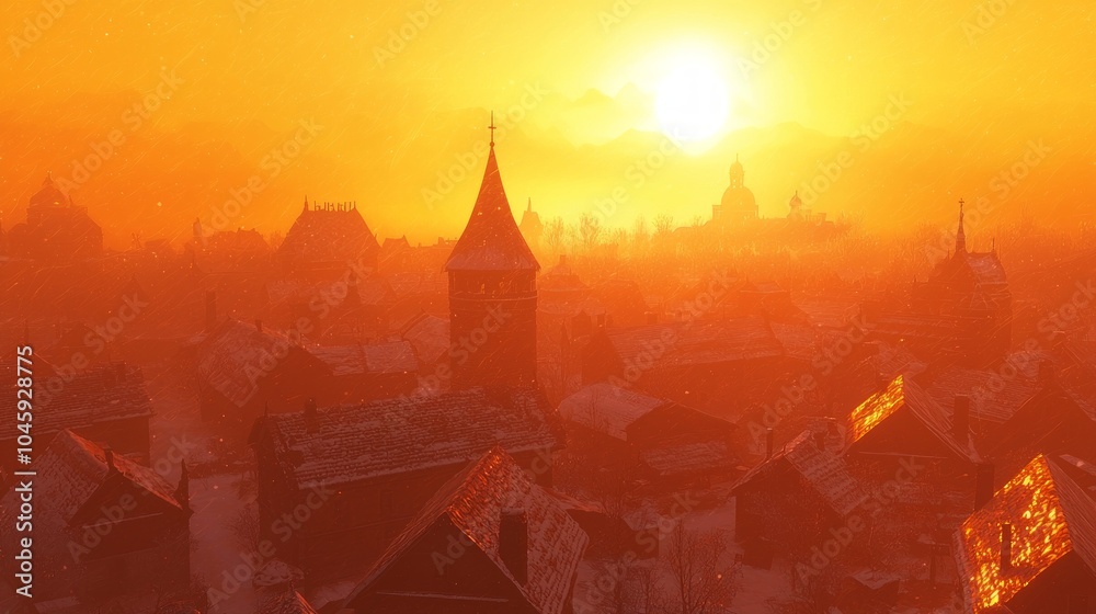 Naklejka premium Enchanting Medieval Village at Dusk in Winter Wonderland with Snowfall and Vibrant Sunset - Ultra-Detailed Serene Fantasy Scene