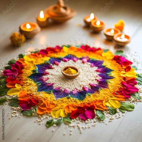 Vibrant rangoli art created with colorful petals and rice on a decorated floor, accompanied by traditional oil lamps