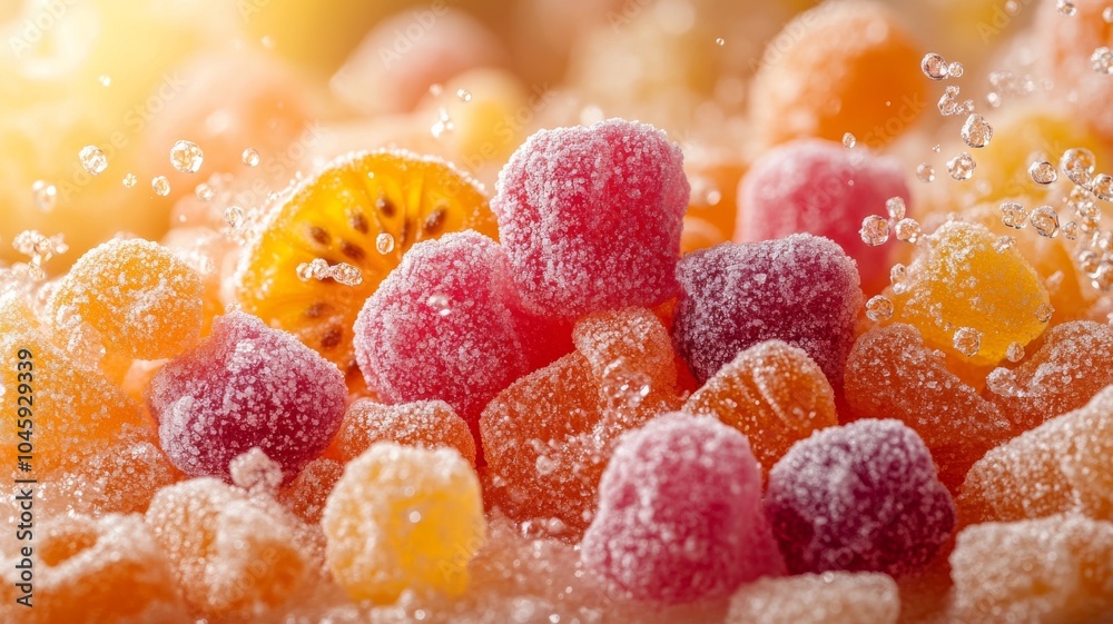 An artistic explosion of freeze-dried candies bursting outward in mid-air, with pieces like taffy, gummy bears, and fruit slices all freeze-dried and puffed up An artistic explosion of freeze-dried candies bursting outward in mid-air, with pieces like taffy, gummy bears, and fruit slices all freeze-dried and puffed up