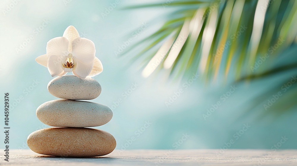 A white flower on a rock pile next to a palm leaf on a blue-green background A white flower on a rock pile next to a palm leaf on a blue-green background