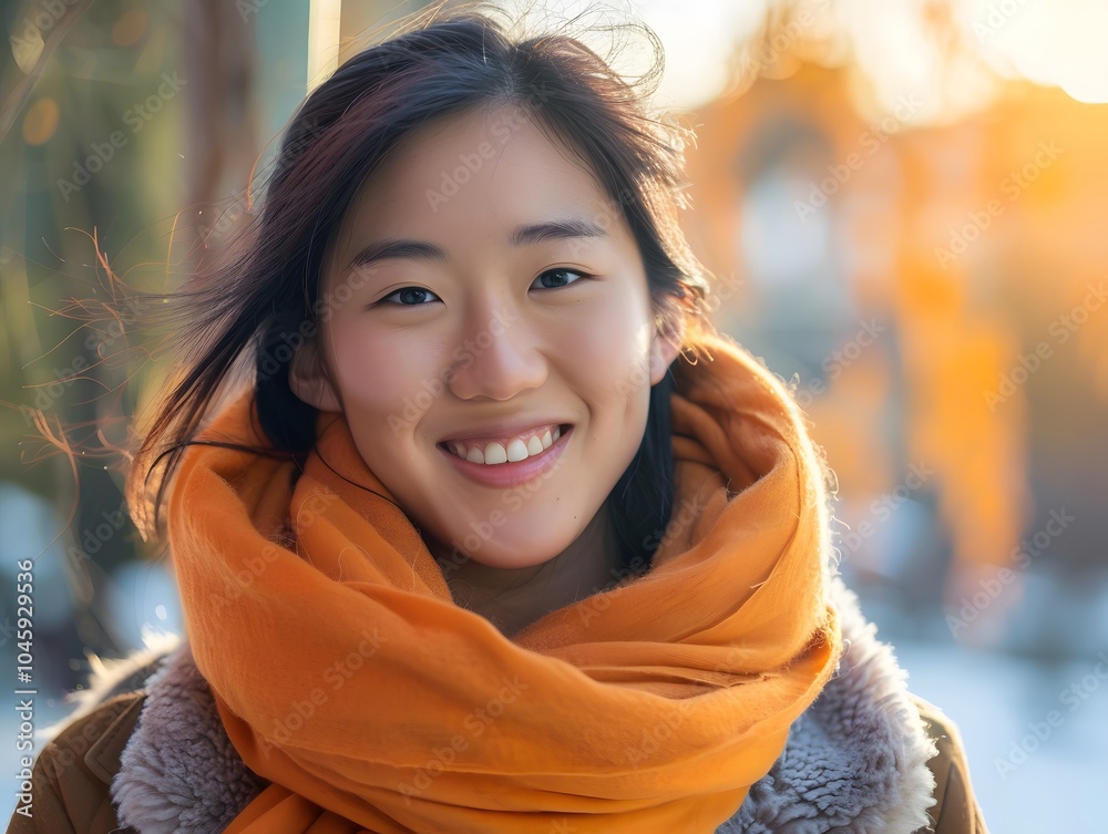 an asian woman wearing an orange scarf and smiling an asian woman wearing an orange scarf and smiling