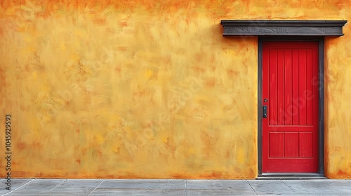   A red door is positioned in front of a yellow wall that features a window and a window sill on its right side