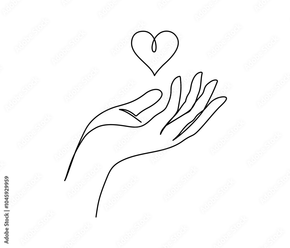 One continuous line drawing of hands holding heart. Concept of love relationship and volunteer organisation symbol in simple linear style. Editable stroke. Doodle Vector illustration One continuous line drawing of hands holding heart. Concept of love relationship and volunteer organisation symbol in simple linear style. Editable stroke. Doodle Vector illustration