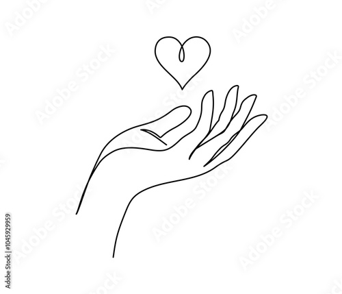 One continuous line drawing of hands holding heart. Concept of love relationship and volunteer organisation symbol in simple linear style. Editable stroke. Doodle Vector illustration
