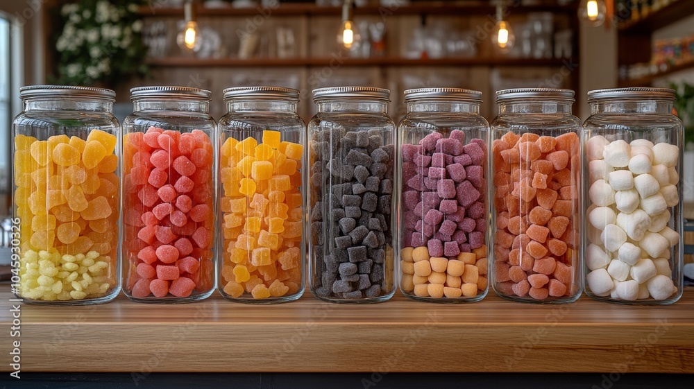 A set of glass jars filled with various types of freeze-dried candies, like fruity gummies, taffy, and marshmallows A set of glass jars filled with various types of freeze-dried candies, like fruity gummies, taffy, and marshmallows