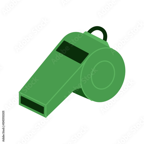 Green referee whistle. Blowing and alert tool. Sport coach equipment. Vector flat illustration isolated on white background