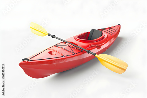 A red kayak with a yellow paddle isolated on a white background.