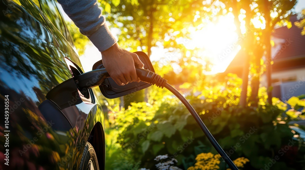 A person's hand holds a charging cable plugged into an electric car, with the sun shining in the background. A person's hand holds a charging cable plugged into an electric car, with the sun shining in the background.