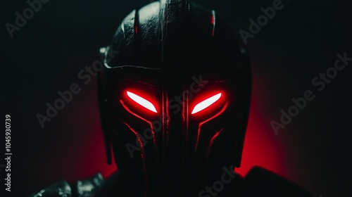 ancient spartan helmet with red glowing furutistic cyber eyes in the dark looking straight on dark background photo