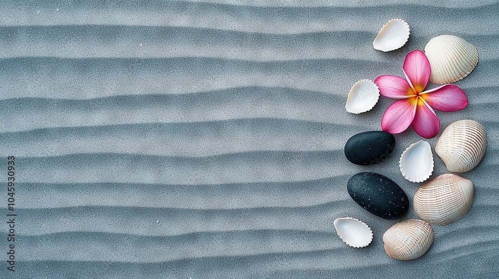 Naklejka premium Pink flower atop black-white seashells on sandy beach