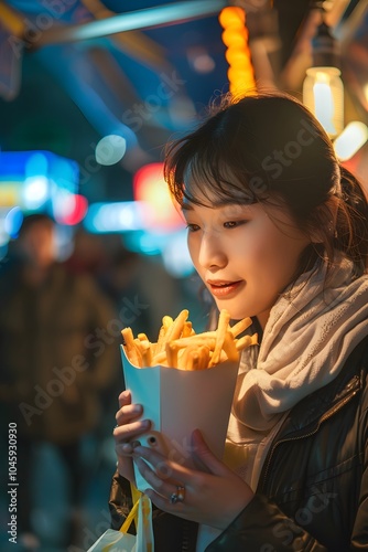 Asian Woman Enjoying Fries Street Food at Night Market