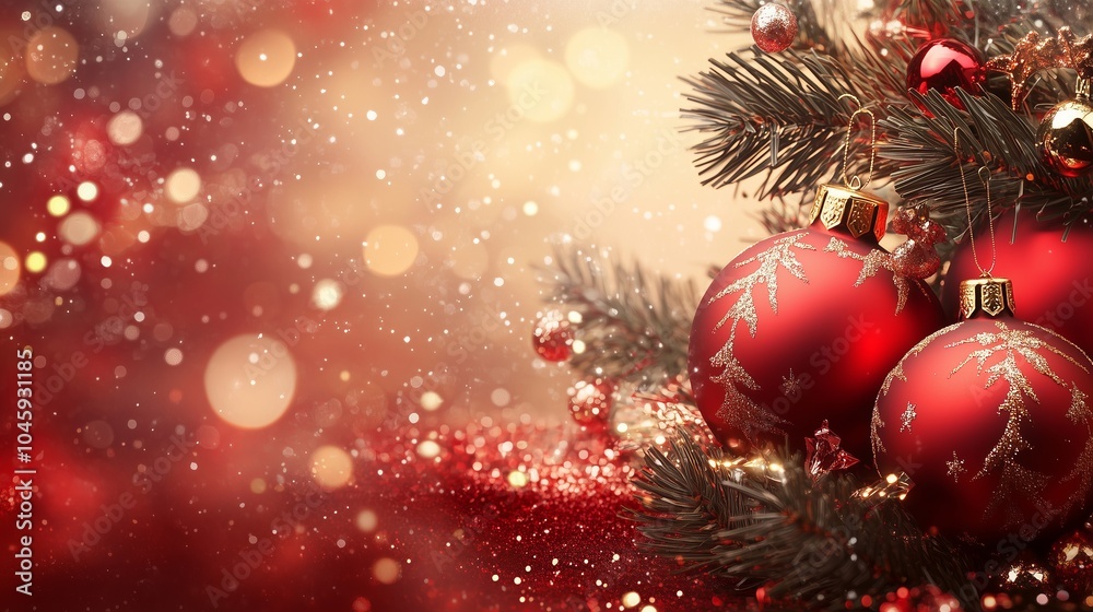 New Year's tree decorations are red balls with a gold pattern located on the branches of the tree. Festive bokeh with warm lights is visible in the background. Copy space. New Year's tree decorations are red balls with a gold pattern located on the branches of the tree. Festive bokeh with warm lights is visible in the background. Copy space.