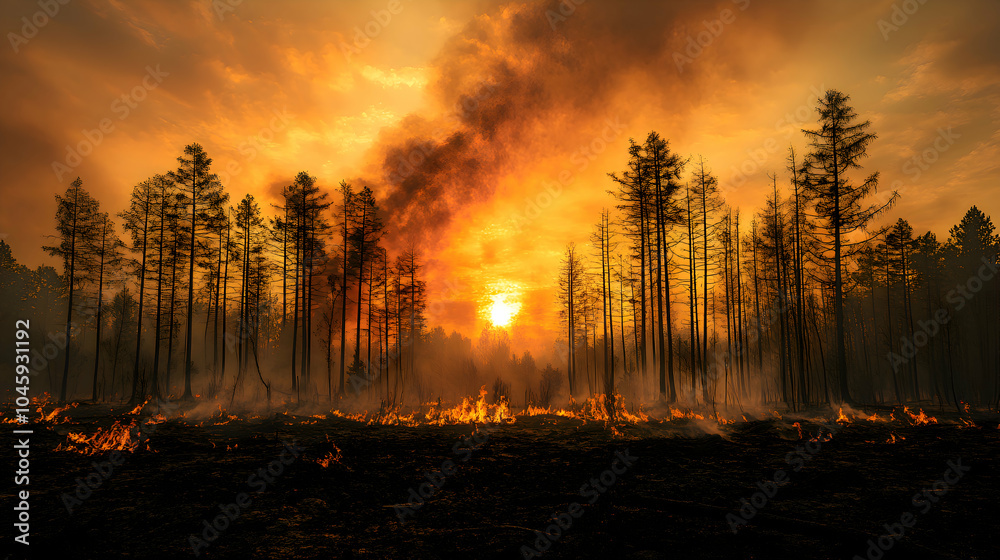 A forest of leafless trees, scorched and blackened by a recent wildfire, with smoke still rising from the ground A forest of leafless trees, scorched and blackened by a recent wildfire, with smoke still rising from the ground