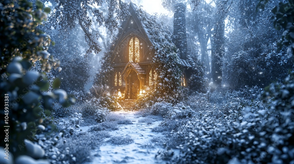 Fototapeta premium Enchanting Medieval Herbalist's Cabin in Winter Wonderland with Snowy Garden and Cozy Glow | Ultra-Detailed Fantasy Scene