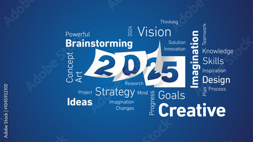 Creative New Year 2025 shining white word cloud text with blue white calendar 2025 pages blue board background