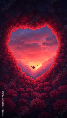 A heart-shaped frame of roses surrounding a sunset with a figure playing guitar.