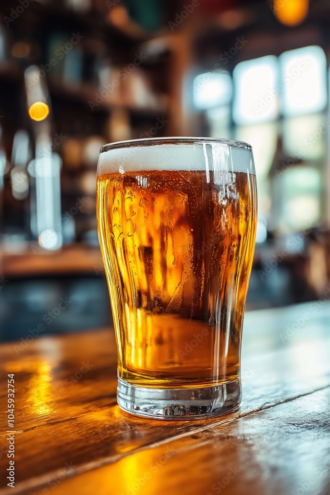 A crisp glass of beer on a sunlit wooden table, capturing the refreshing allure and warmth of a convivial setting.