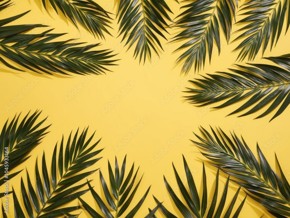 Tropical palm leaves on yellow background Summer concept Flat lay top view copy space.