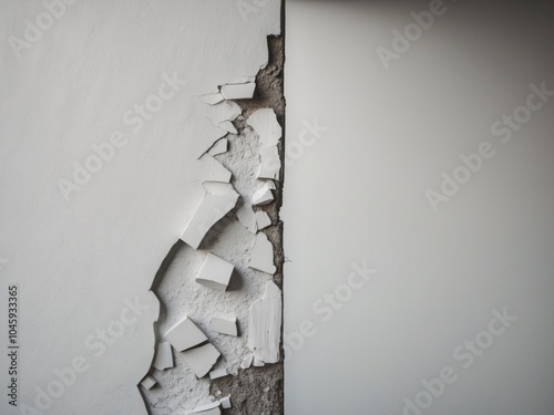 Peeling and chipped plaster disrupts the smoothness of a white wall. photo