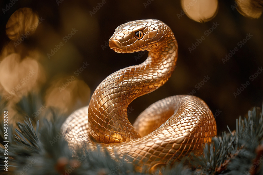 Golden snake as a symbol of the new year in China. Golden snake on the background of fir branches and golden bokeh. Chinese new year 2025 Golden snake as a symbol of the new year in China. Golden snake on the background of fir branches and golden bokeh. Chinese new year 2025