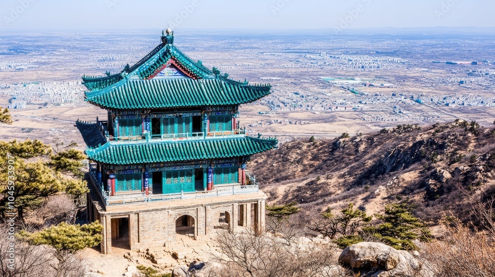 Scenic view of a Chinese pavilion on a hill, overlooking the natural landscape, showcasing traditional architecture. Scenic view of a Chinese pavilion on a hill, overlooking the natural landscape, showcasing traditional architecture.