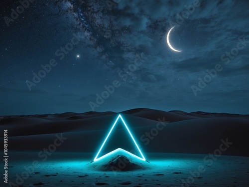 Desert Night with Neon Triangle and Celestial Bodies. photo